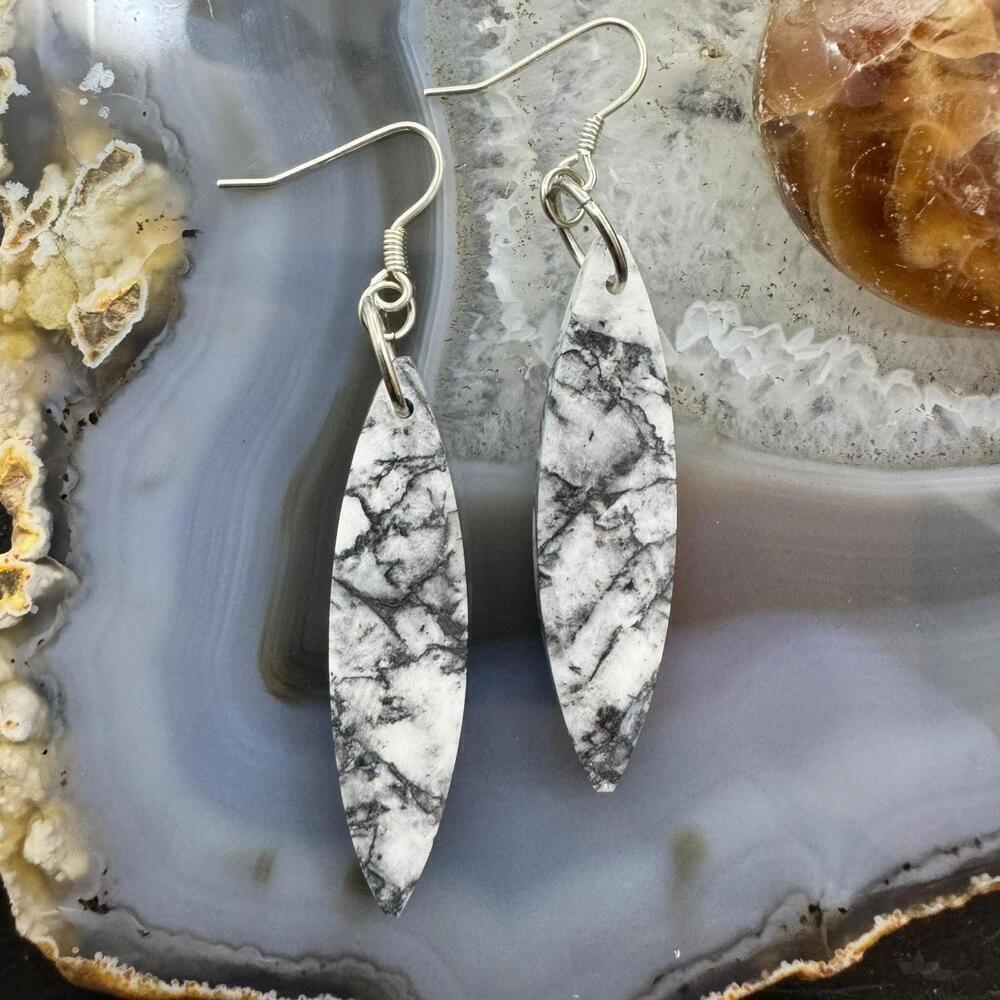 Sterling Silver Elongated Marquise Net Jasper Slab Dangle Earrings For Women 231